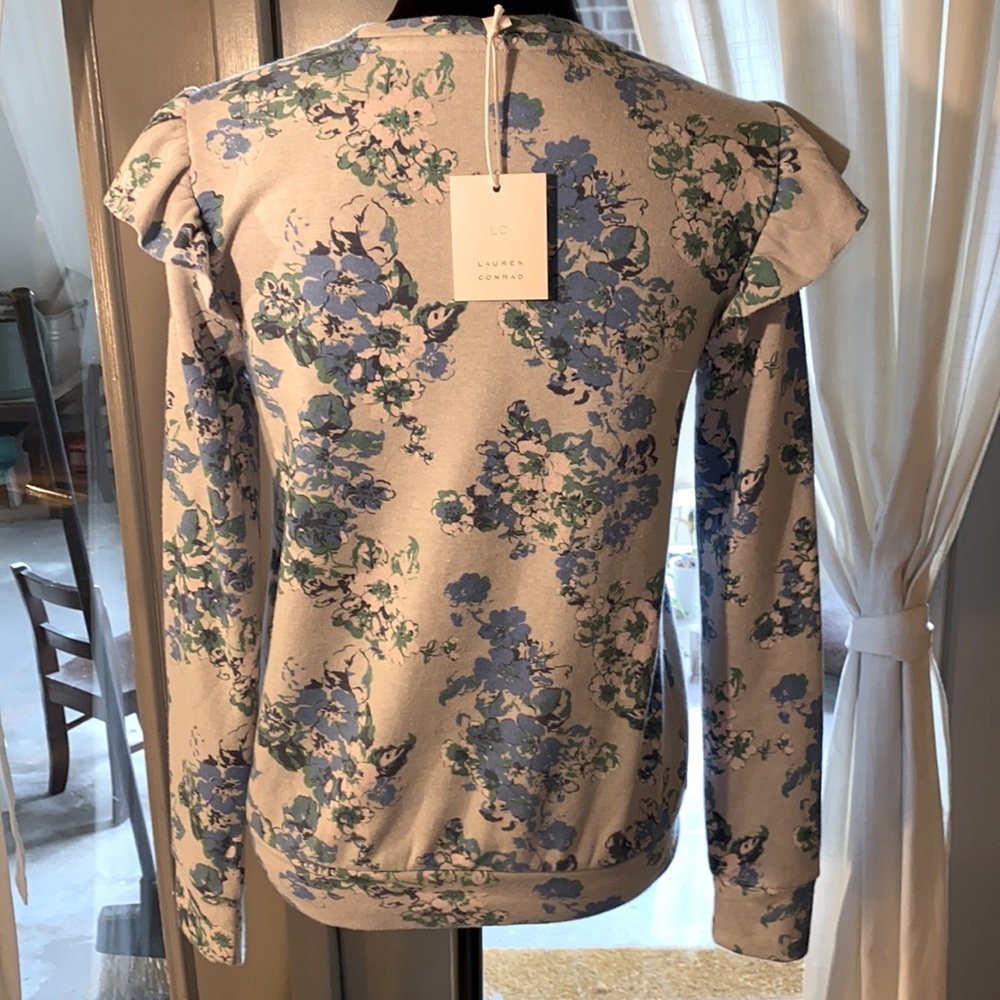 LC Lauren Conrad blue floral longsleeve sweater shirt flutter ruffle sleeve S​ - Picture 3 of 13